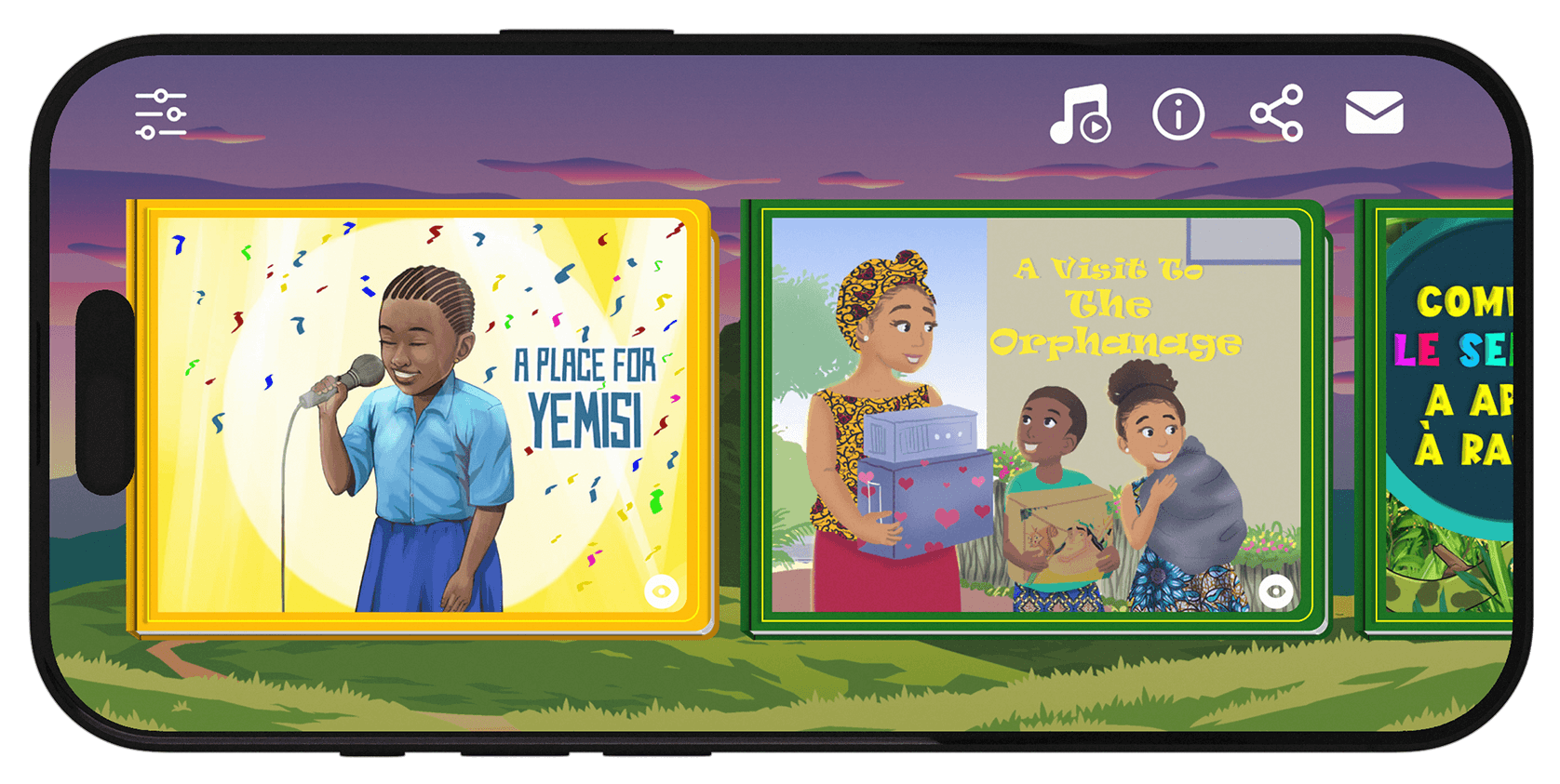 Preview of Rubies Africa, an African story app, on an iPhone.